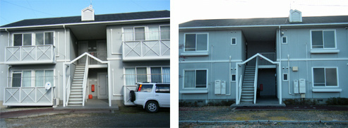 大崎市賃貸アパートクレリア２番館（写真左）と３番館（写真右）の外観。南向きの部屋ですので日当たりが良いです。